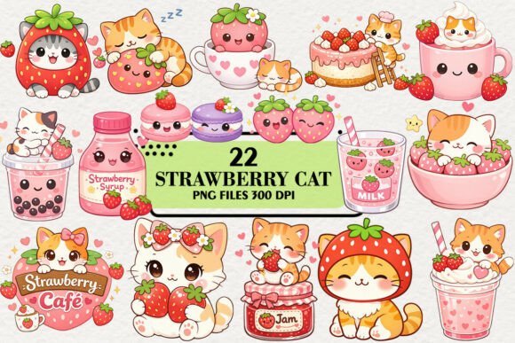 Download Kawaii Strawberry Cat Clipart Bundle - Bundle Collection