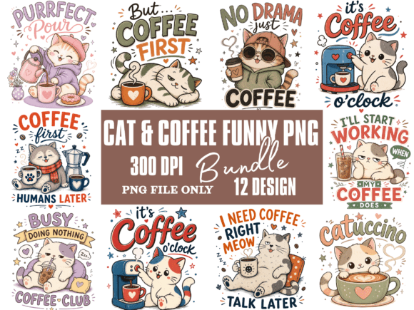 Download Cat &amp; Coffee Funny Hand-drawn PNG Bundle - Bundle Collection