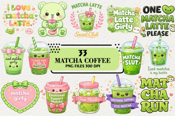 Download Kawaii Matcha Coffee Clipart Bundle - Bundle Collection